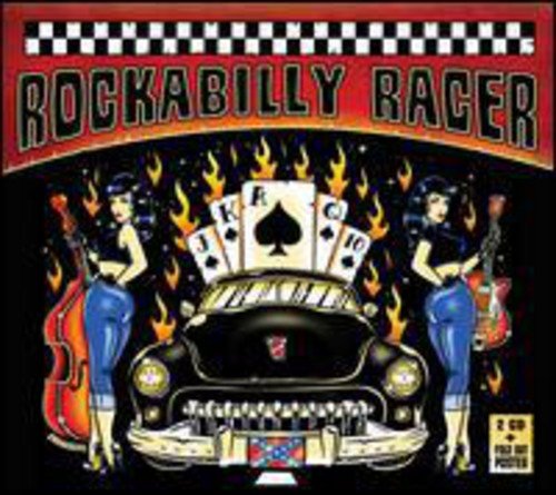 "Album cover with cartoon women, vintage car, and playing cards surrounded by flames."