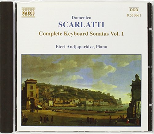 "CD cover with a classical painting of a seaside town and blue title text."