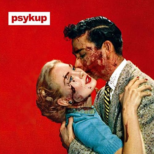"Album cover with couple kissing, covered in blood, against a red background."