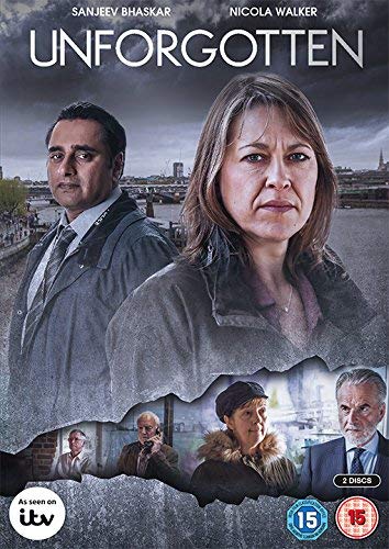 "Unforgotten DVD cover featuring a man and woman, with a torn section showing others."