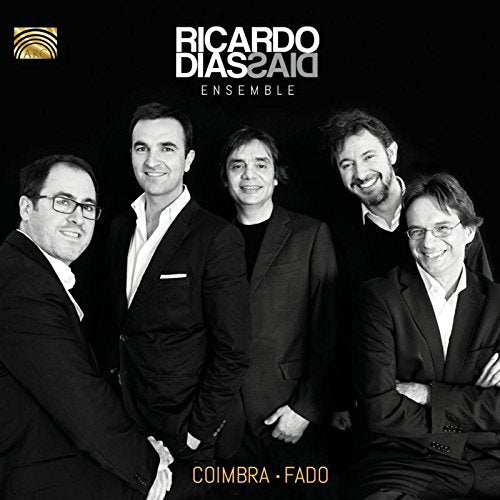 Black and white image of five men in suits on a black album cover.