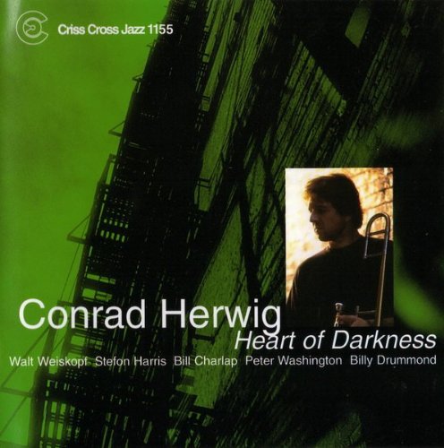 "Jazz album cover with a man and cityscape in green and black tones."