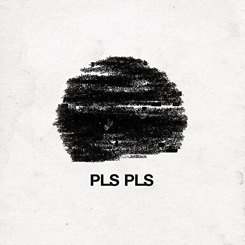 The image depicts a vinyl record cover with a black smudge and text. Alt text: Black smudge on a white background with "PLS PLS" text below.