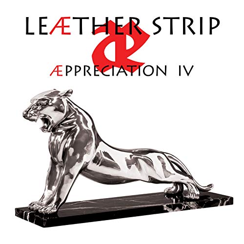 A silver panther sculpture on a black marble base with "Leæther Strip Æppreciation IV" text.