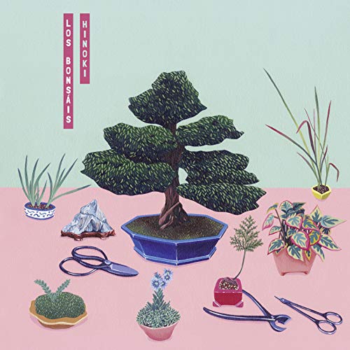Album cover with a bonsai tree surrounded by plants and gardening scissors on pink surface.