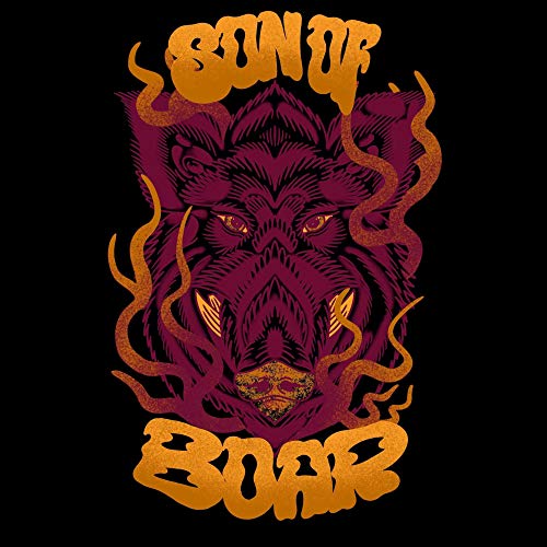 "Album cover with a maroon boar's head and orange text on a black background."