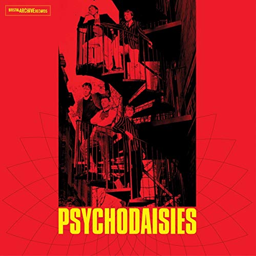 Red album cover with black illustration and yellow text "Psychodaisies" at the bottom.