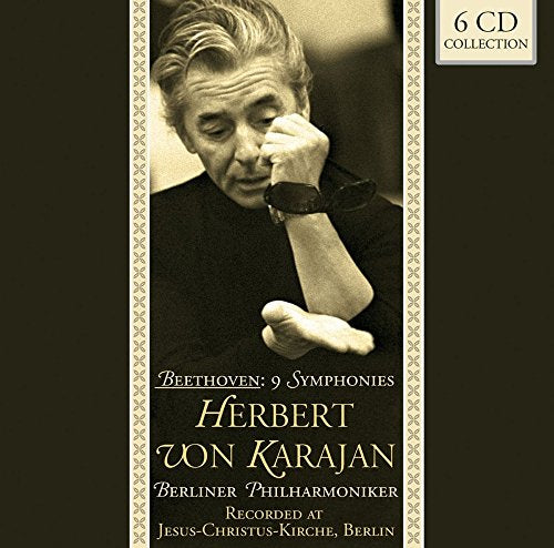 "CD cover with sepia-toned photo of Herbert von Karajan and text on a dark background."