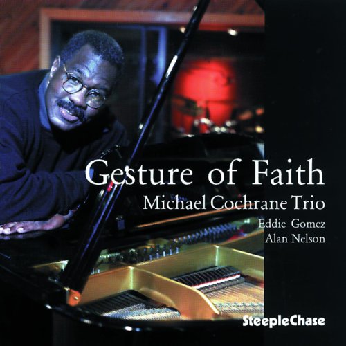 "Album cover with a man leaning on a grand piano, 'Gesture of Faith' title."