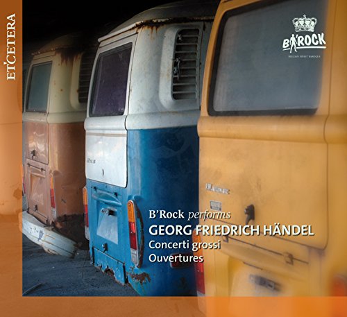 "CD cover featuring three old vans with text overlay about Handel's music."