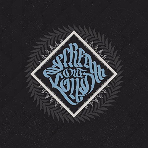 The image shows a black background with a diamond-shaped logo. The logo is centered and features a white border, with the words "Scream Out Loud" written in light blue, stylized text inside. The text is surrounded by a wreath-like design made up of dark gray leaves and small white flowers. The overall design is simple yet striking, with a clear focus on the band's name. Alt text: Black background with diamond-shaped logo featuring "Scream Out Loud" in stylized