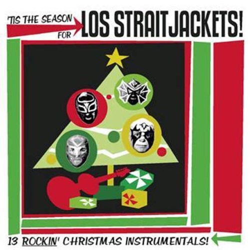 "Album cover with Christmas tree and masks, red, green, and black design."