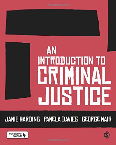 Red book cover with white text "An Introduction to Criminal Justice" and black rectangles.