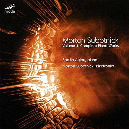 "CD cover with piano keys and smoke, featuring 'Morton Subotnick' and 'Complete Piano Works' text."