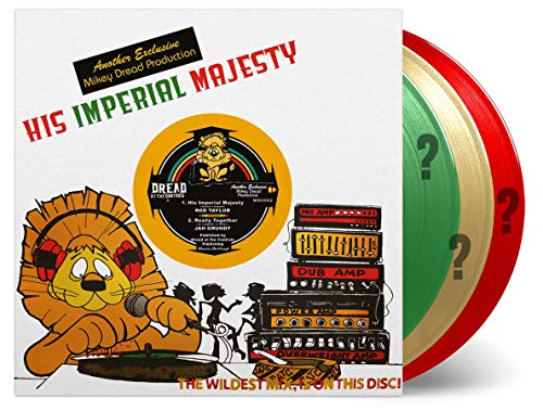 "Vinyl record sleeve with cartoon lion and red, green, and gold vinyl."