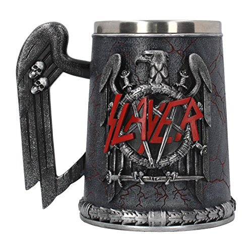 Black metal tankard with 'Slayer' logo, skulls, and swords on a white background.