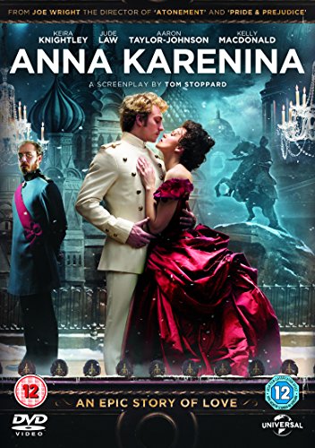 "DVD cover for 'Anna Karenina' featuring a couple embracing, with a man in the background."