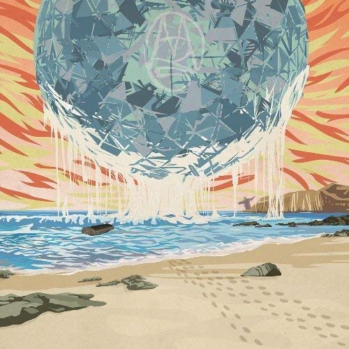 A vinyl record cover featuring a futuristic beach scene with a large, geometric orb.