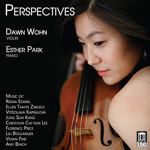 "CD cover featuring a woman holding a violin, with text listing musicians and composers."