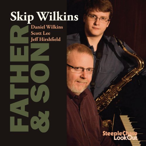 "Album cover with two men, one holding a saxophone, and piano keys visible."