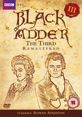 "Blackadder the Third DVD cover, featuring sketches of two men in 18th-century attire."