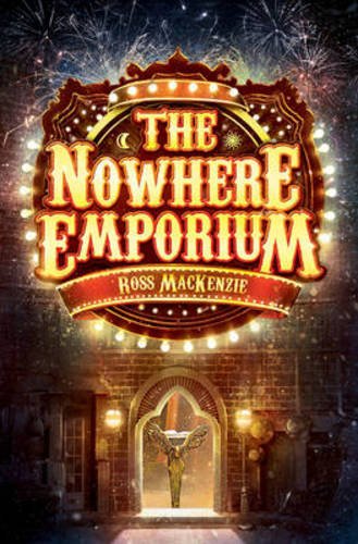 The image depicts a book cover with a dark, ornate background and a sign reading "The Nowhere Emporium".