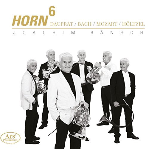 CD cover with six men holding French horns, in formal attire, against a white background.
