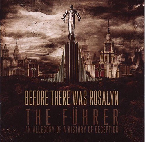 "CD cover art with a statue on a tall monument, cityscape, and ominous sky."