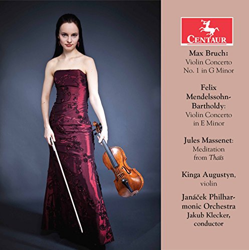 Woman in red dress holding violin and bow, beside CD cover with track listing.