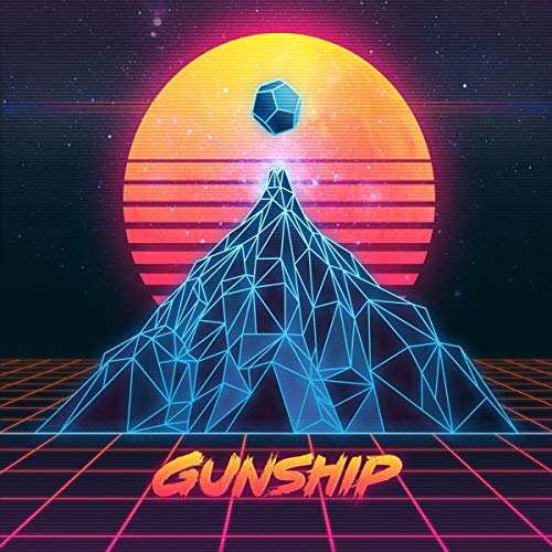 "Retro-futuristic album cover featuring a neon-lit mountain and a geometric object."