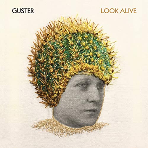 Album cover with a black-and-white head surrounded by a spiky, yellow and green floral arrangement.