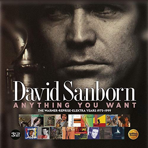 David Sanborn's face and saxophone on a black album cover with smaller images below.