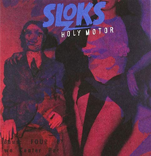 Album cover for "Sloks - Holy Motor" with surreal, red-toned illustration of figures.
