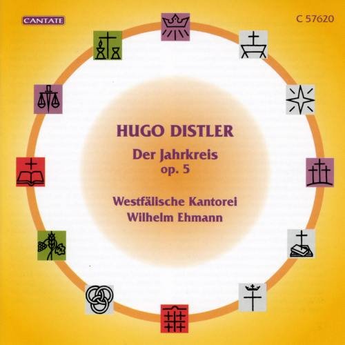CD cover with yellow background, white circle, and symbolic icons around the edge.