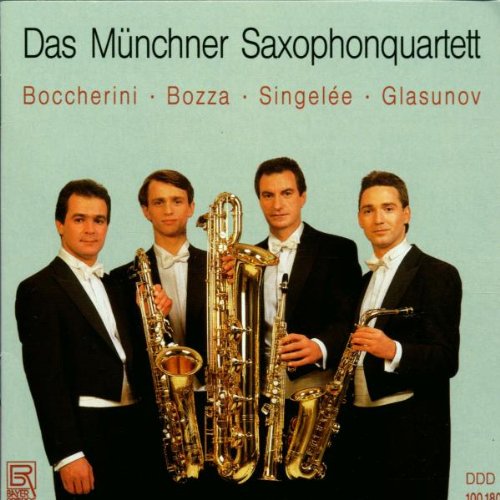 CD cover with four men holding saxophones against a light green background.