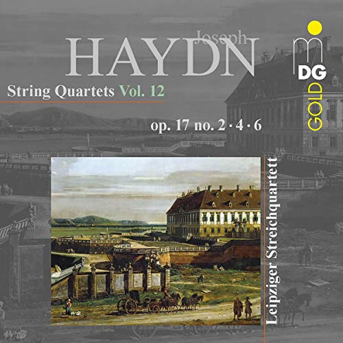 "CD cover with Haydn's name, faded background image, and a 18th-century estate painting."