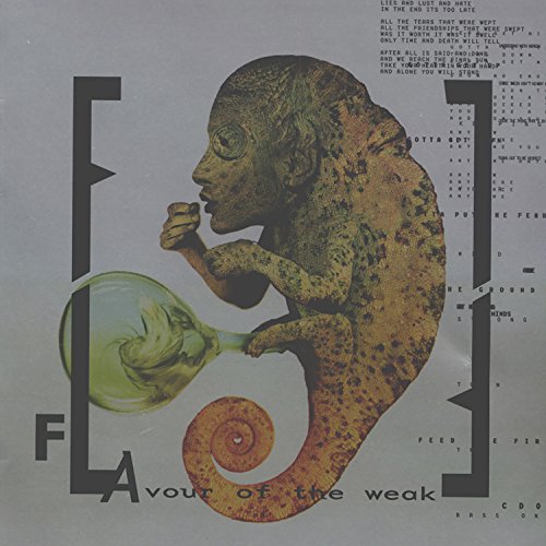 "Album cover featuring a seahorse-like figure holding a glass flask, grey background."
