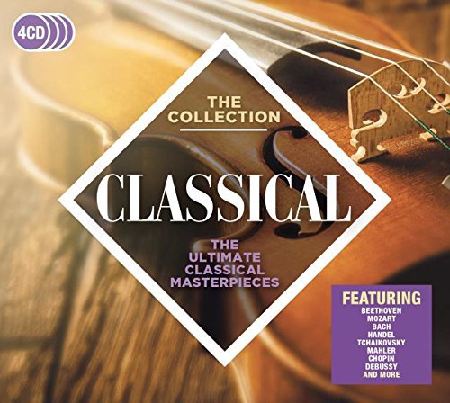 "CD cover with a violin and 'Classical: The Collection' text in a diamond shape."