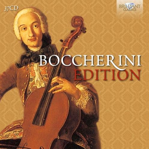 "CD cover featuring a man in 18th-century attire holding a cello, 'Boccherini Edition' text."