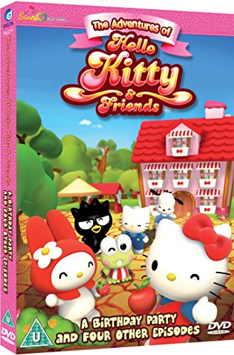 "Pink DVD case featuring Hello Kitty and friends in a cartoon garden scene."