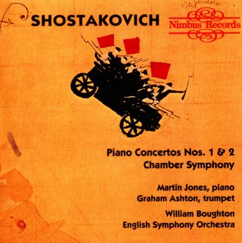 "CD cover with orange background, black silhouetted chariot and red flags, featuring Shostakovich's music."