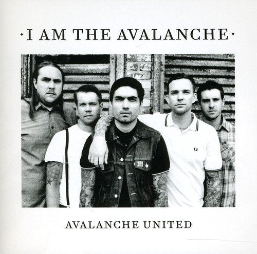 Black and white album cover featuring a band of five men standing together.