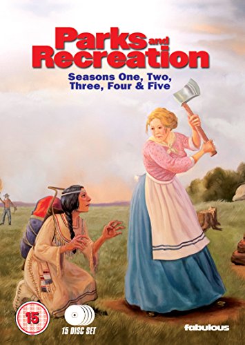 "Parks and Recreation" DVD cover featuring a woman holding an axe and a kneeling man.