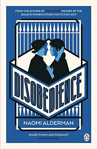 "Blue book cover with 'Disobedience' title, two men kissing, and author's name, Naomi Alderman."