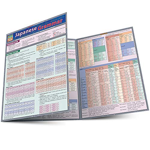 "An open, tri-fold reference guide displaying Japanese grammar charts and text on a white background."
