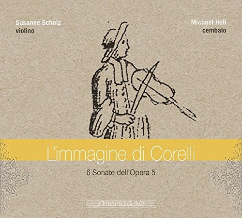 CD cover with violinist illustration and yellow title banner on textured beige background.
