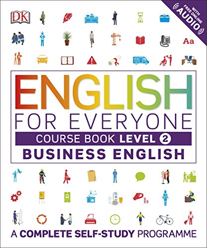 "Book cover with 'English for Everyone' title, colorful icons, and 'Business English' subtitle on white background."