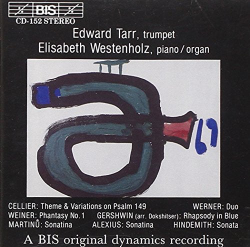 Black CD cover with abstract trumpet illustration and white text listing performers and tracks.