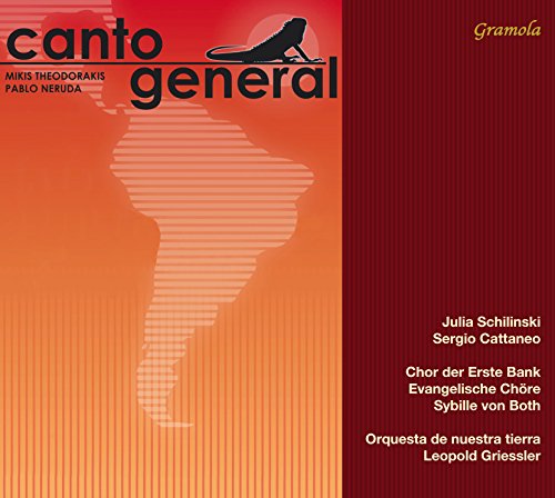 "Canto General" CD cover featuring a red and orange gradient with South America's outline.