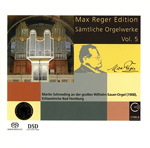 "CD cover with organ image, composer's portrait, and colorful grid design on a white background."